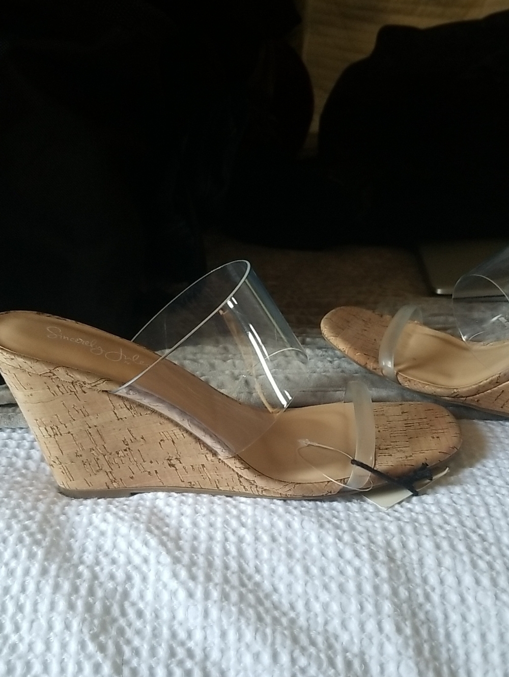 Sincerely Jules Clear-Strap Cork Wedge Sandals in Nude